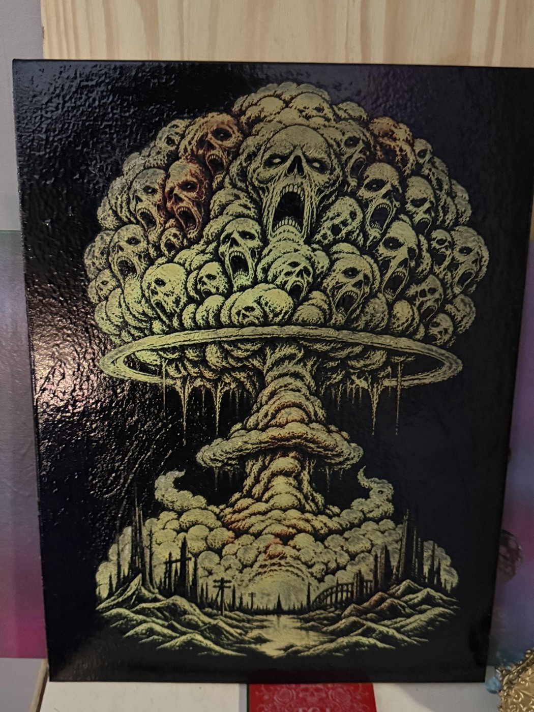 Skull mushroom cloud — Skull mushroom cloud wall art — original laser-engraved painting