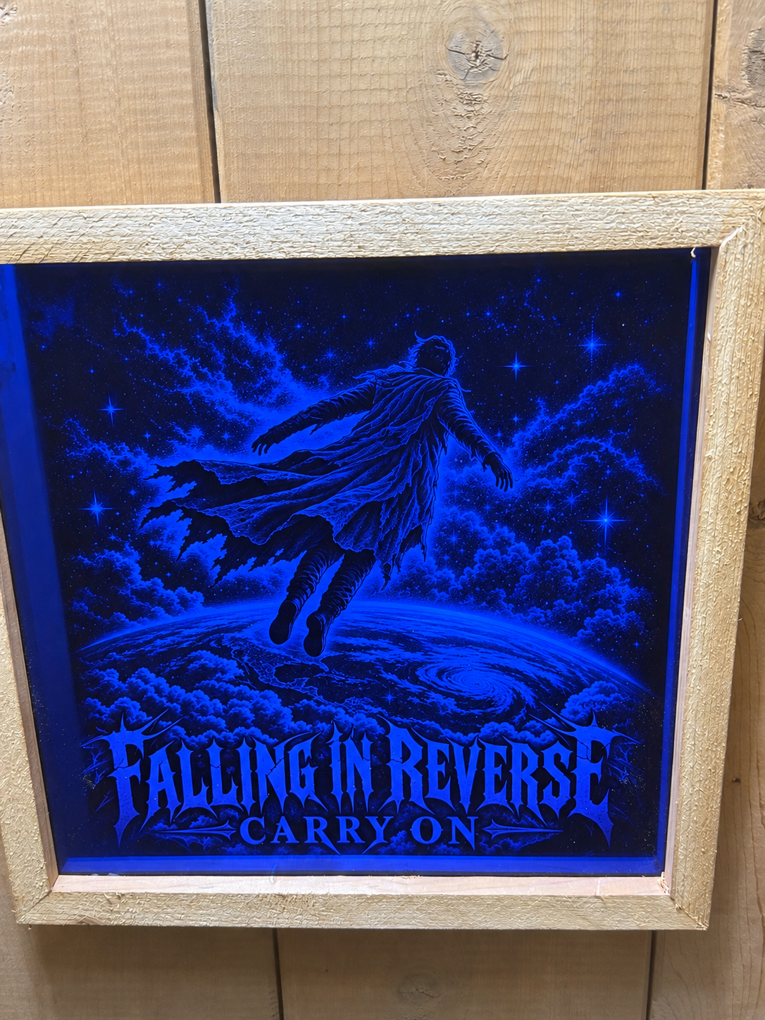 Carry On — blue acrylic mirror engraving in a handmade wooden frame