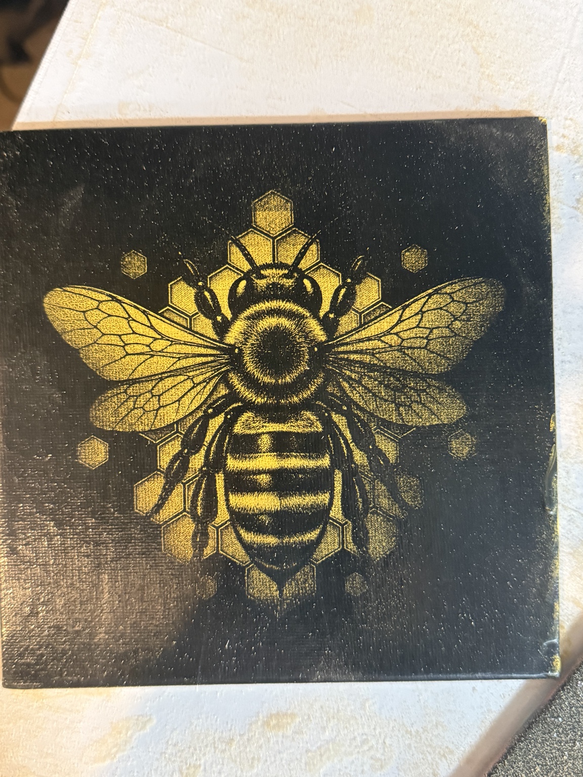 Golden Honey — gold bee and geometric honeycomb on black canvas