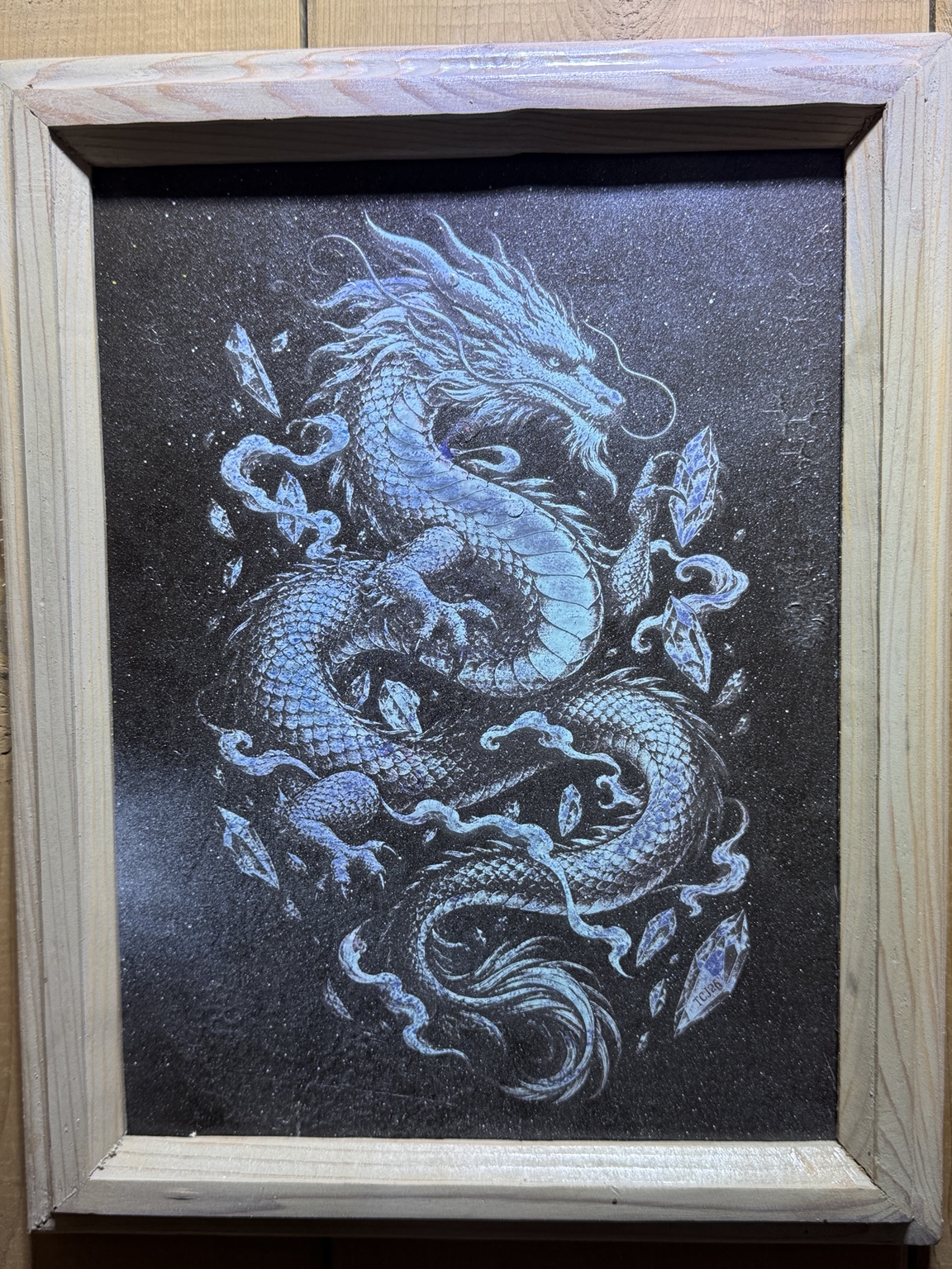 Guardian of the Shards — blue dragon and crystals, 9 × 11 inch framed original