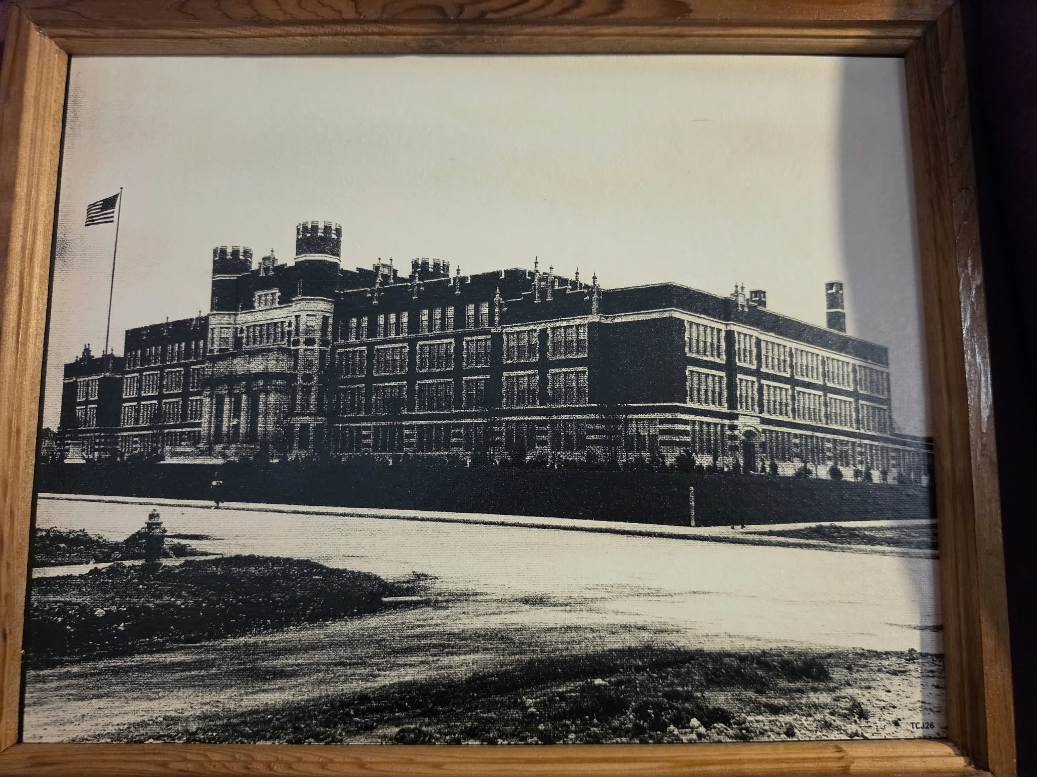 Hibbing High School — historical photo painting in handcrafted cedar frame