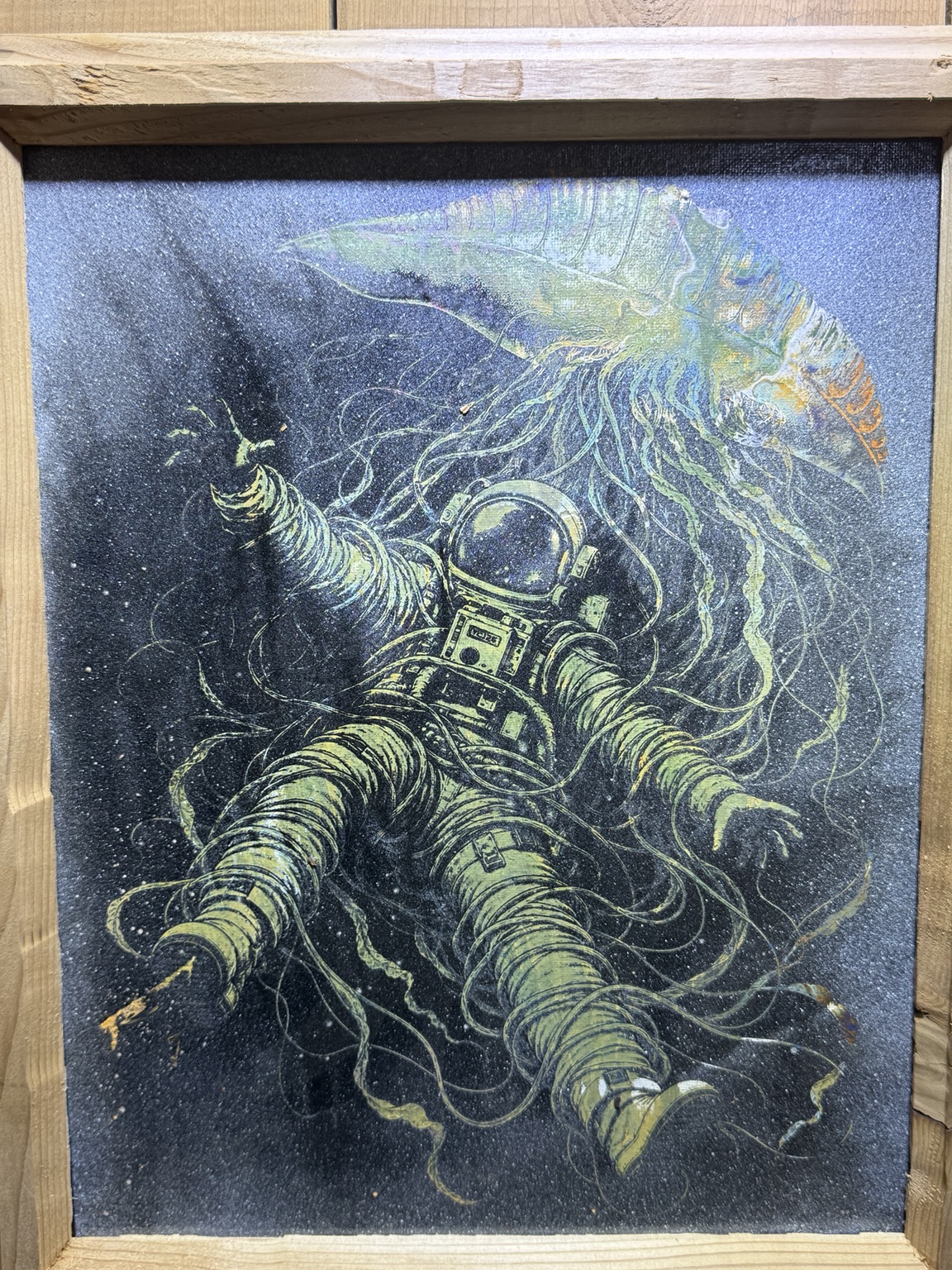Tangled in the Void — astronaut and man-of-war, 11 × 14 inch framed original