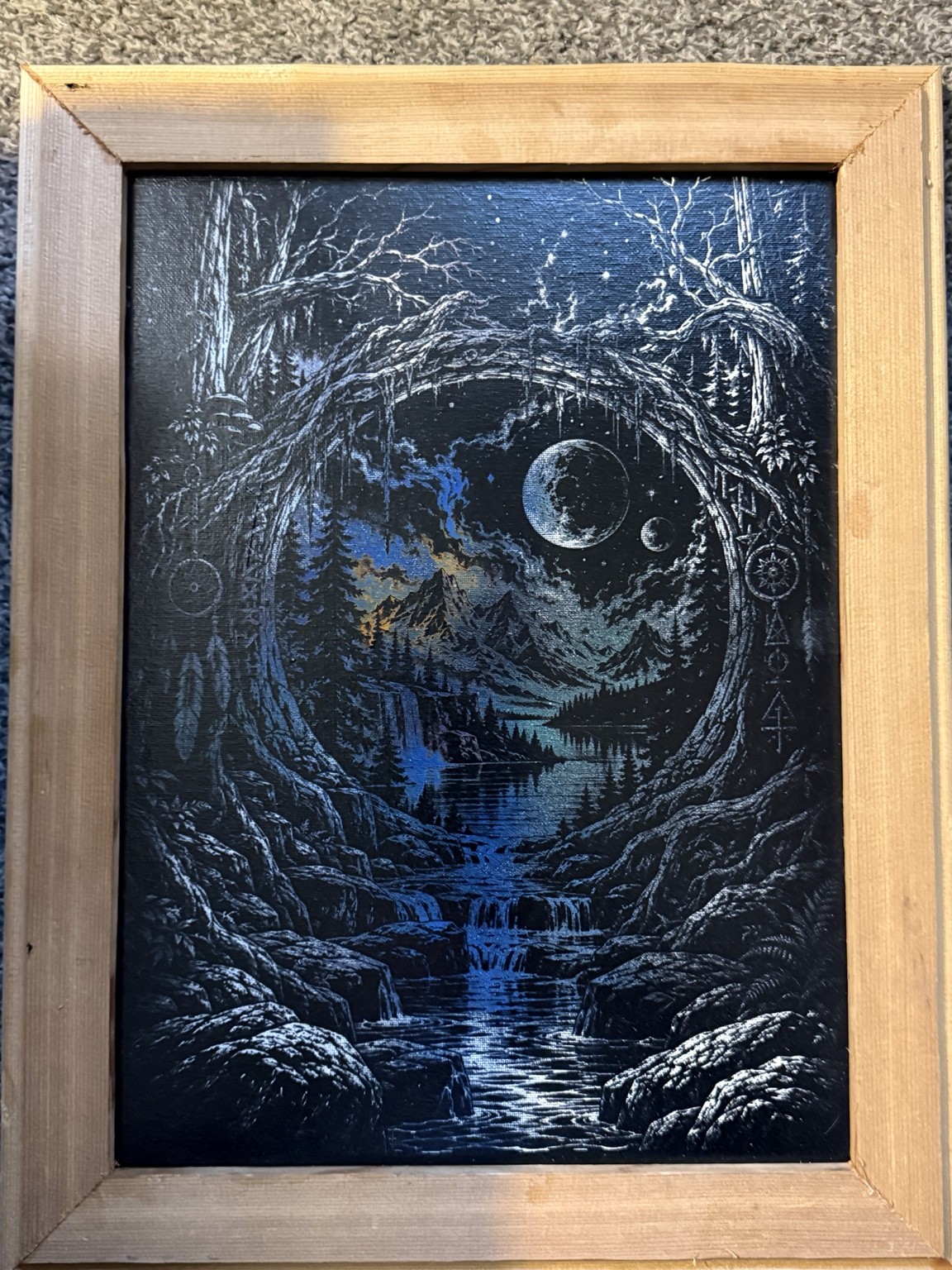 Moonlit forest portal — Moonlit forest fantasy wall art — original laser-engraved painting