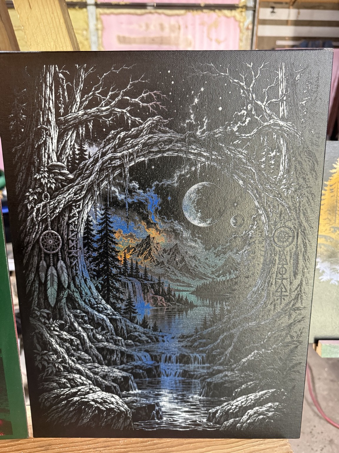 Moonlit forest portal — Moonlit forest fantasy wall art — original laser-engraved painting — additional view