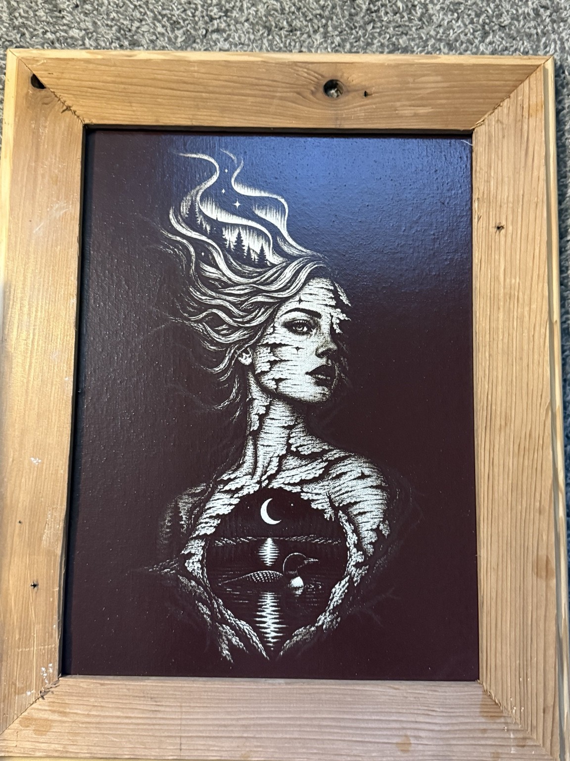Woman of the wind — Surreal woman portrait wall art — original laser-engraved painting