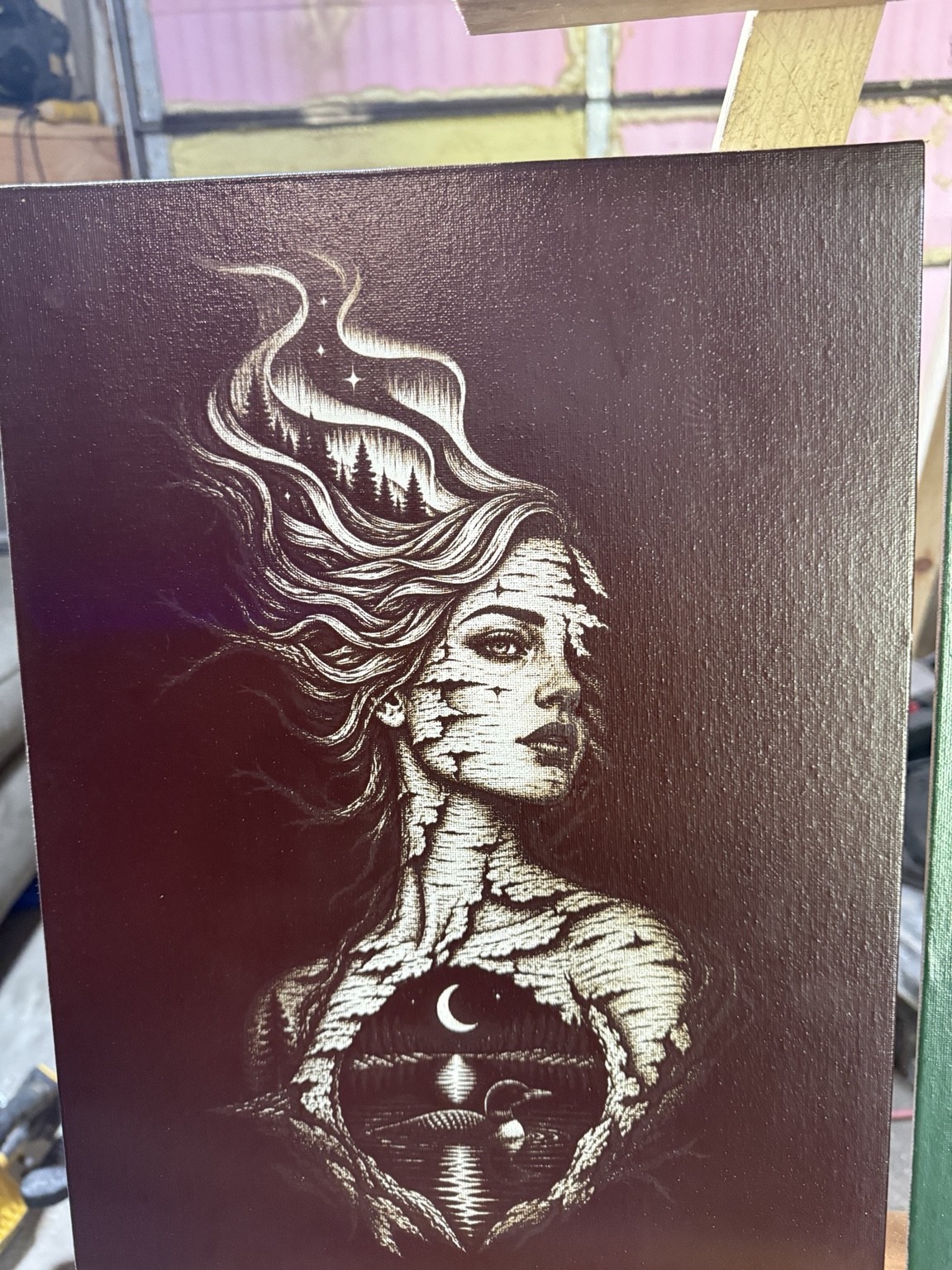 Woman of the wind — Surreal woman portrait wall art — original laser-engraved painting — additional view