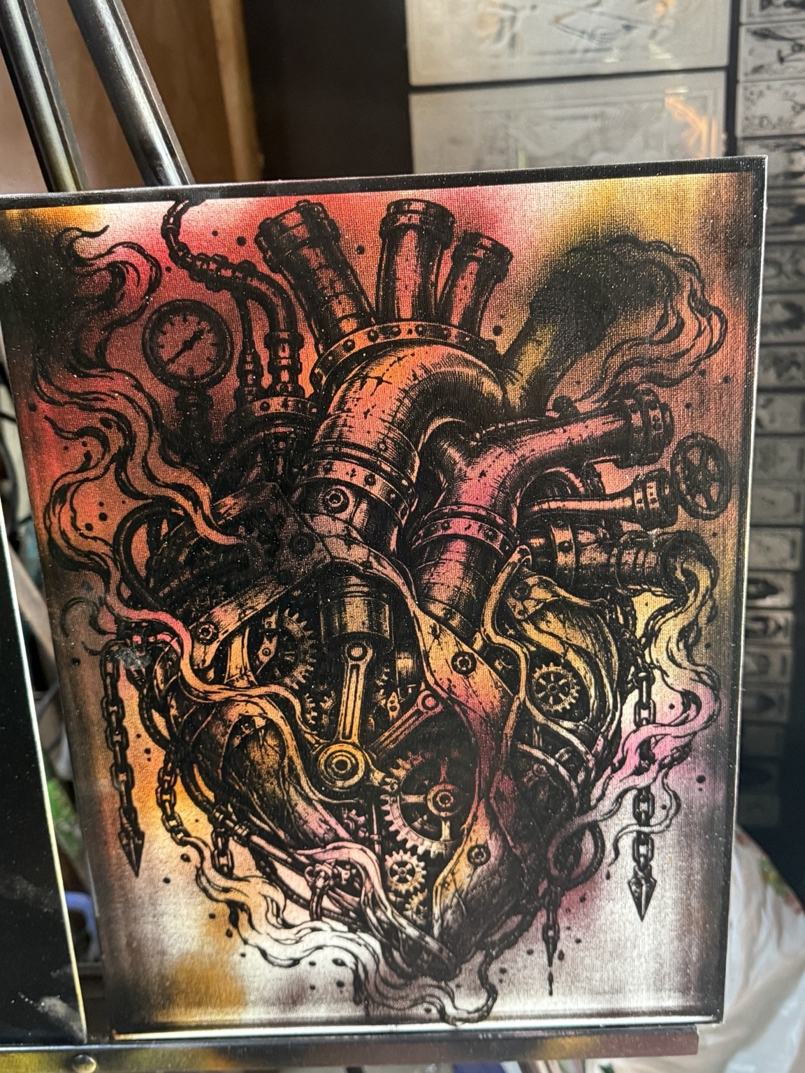 Mechanical heart — Steampunk mechanical heart wall art — original laser-engraved painting — additional view