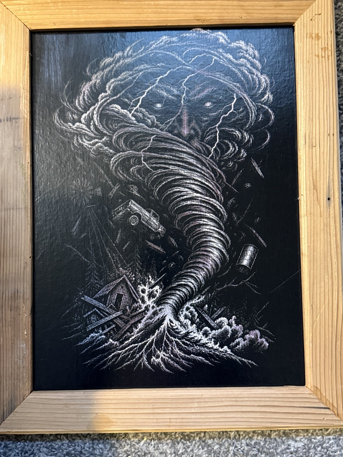 The tornado — Surreal tornado wall art — original laser-engraved painting