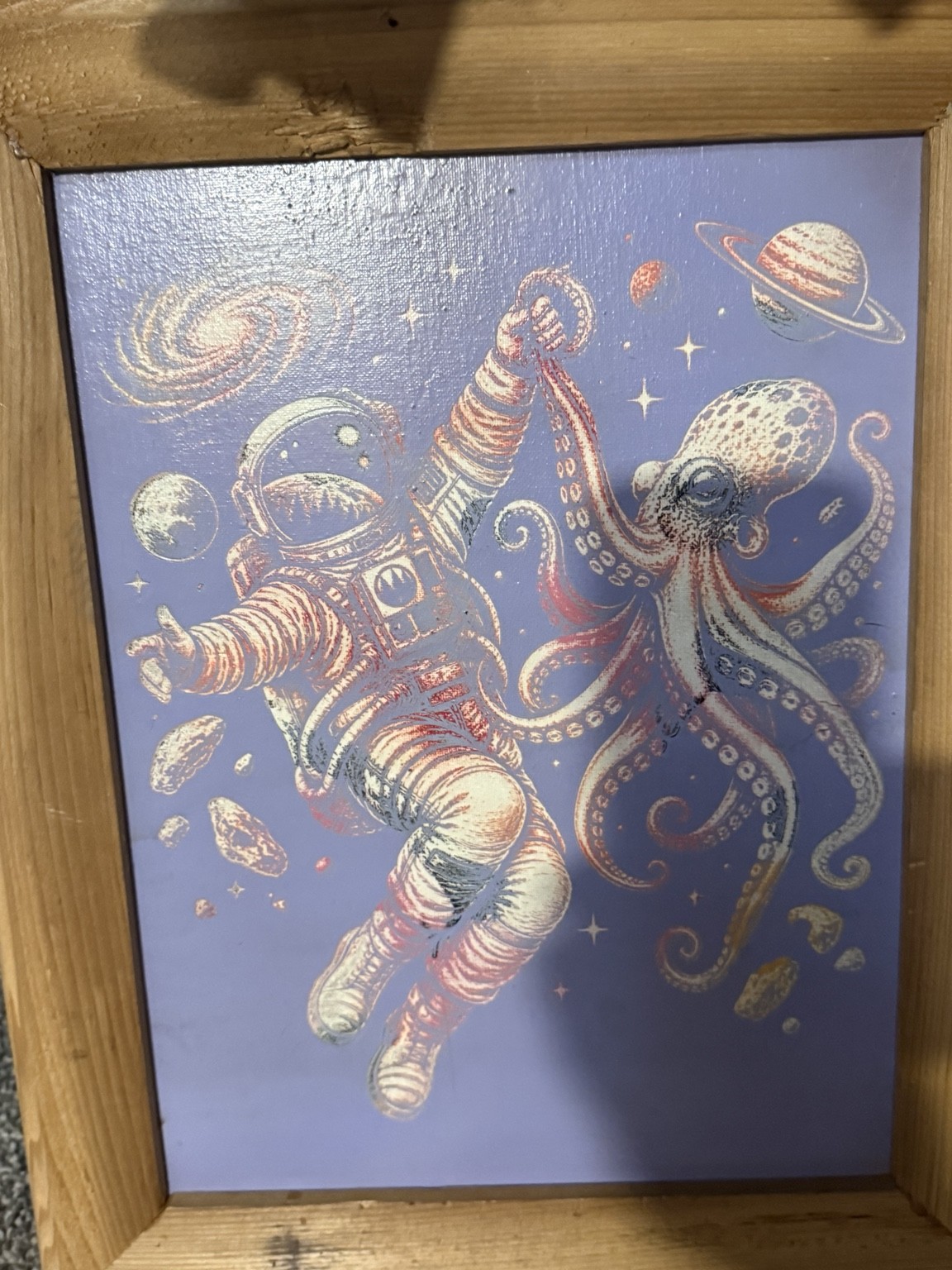 Astronaut and octopus — Astronaut and octopus space art — original laser-engraved painting