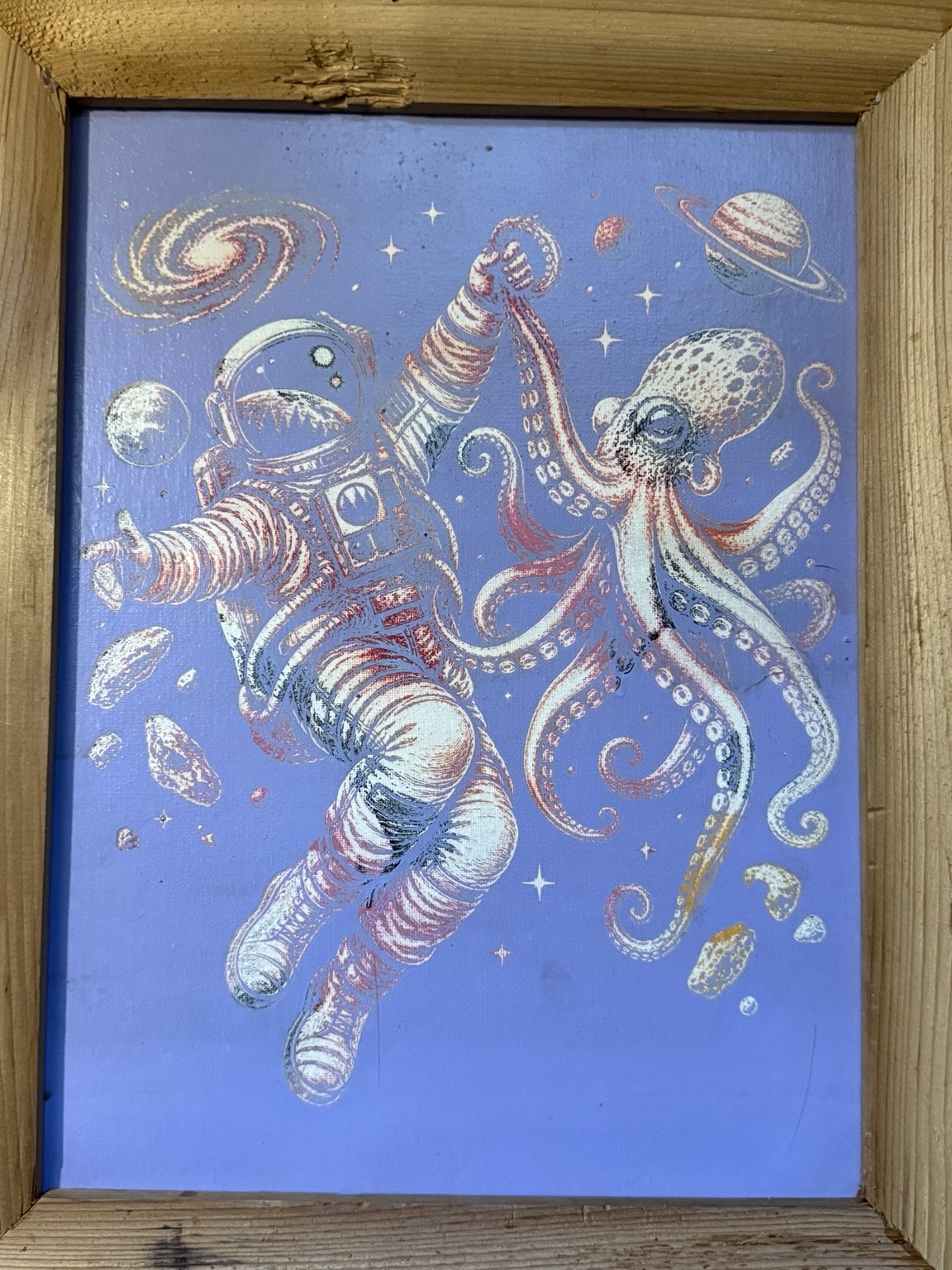 Astronaut and octopus — Astronaut and octopus space art — original laser-engraved painting — additional view