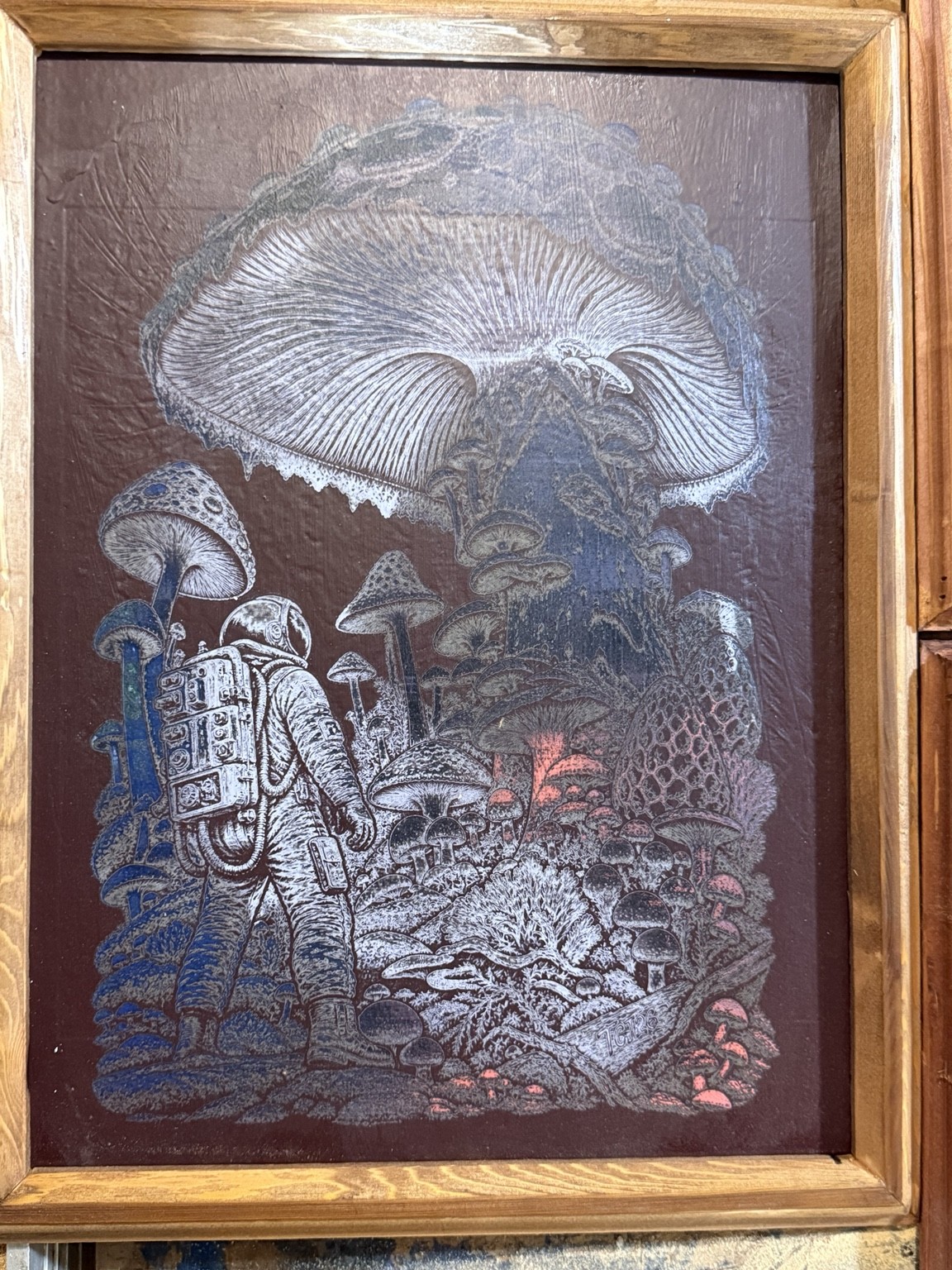 Mushroom explorer — Astronaut mushroom wall art — original laser-engraved painting