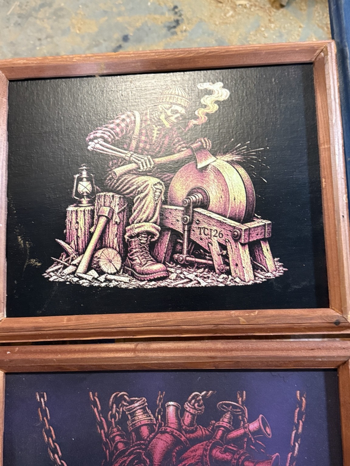 Axe sharpener — Mechanical fantasy wall art — original laser-engraved painting