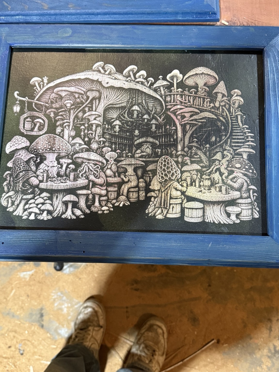 Mushroom village — Fantasy mushroom village wall art — original laser-engraved painting