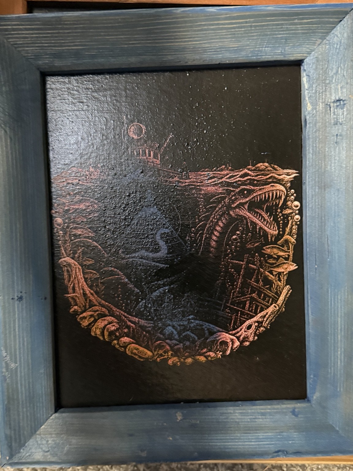 Lake monster below — Lake monster wall art — original laser-engraved painting