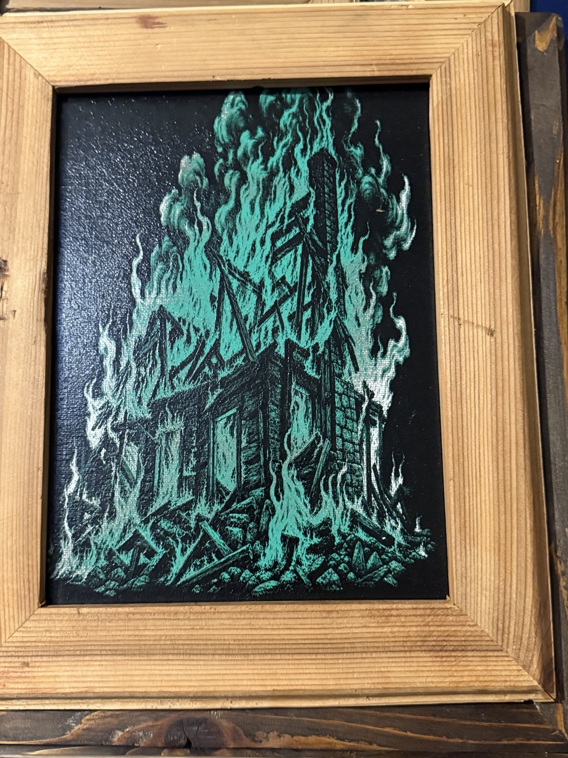 Building in flames — Burning building wall art — original laser-engraved painting