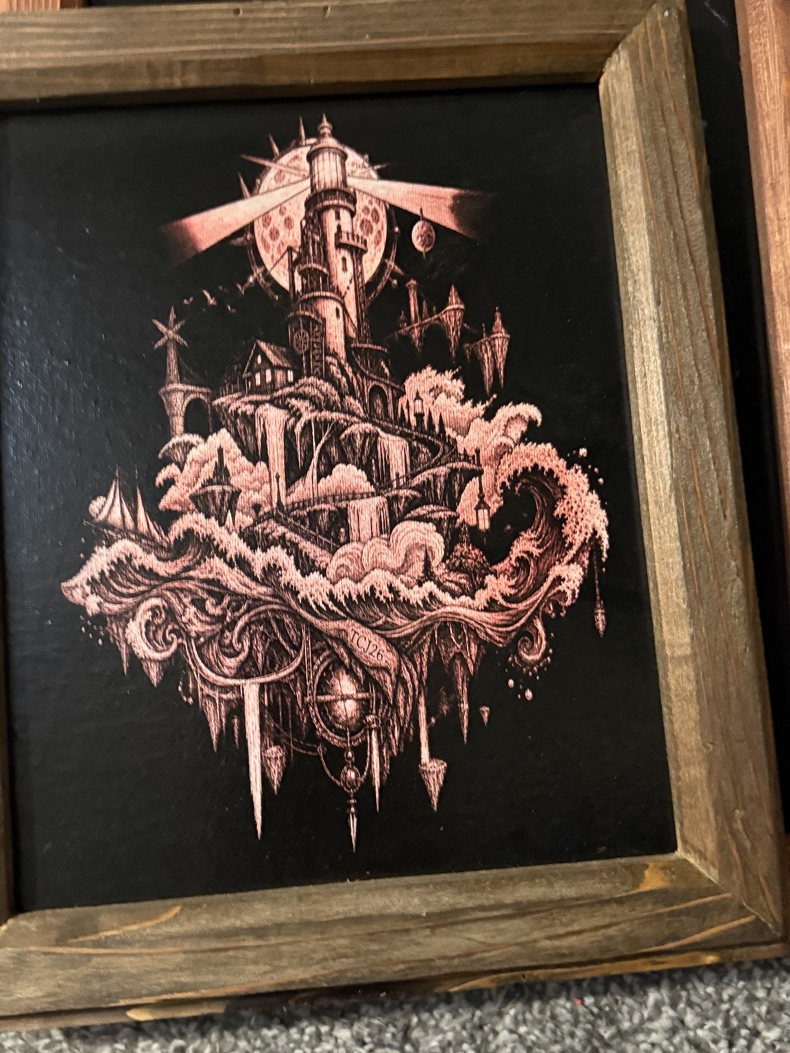 Impossible lighthouse — Surreal lighthouse wall art — original laser-engraved painting