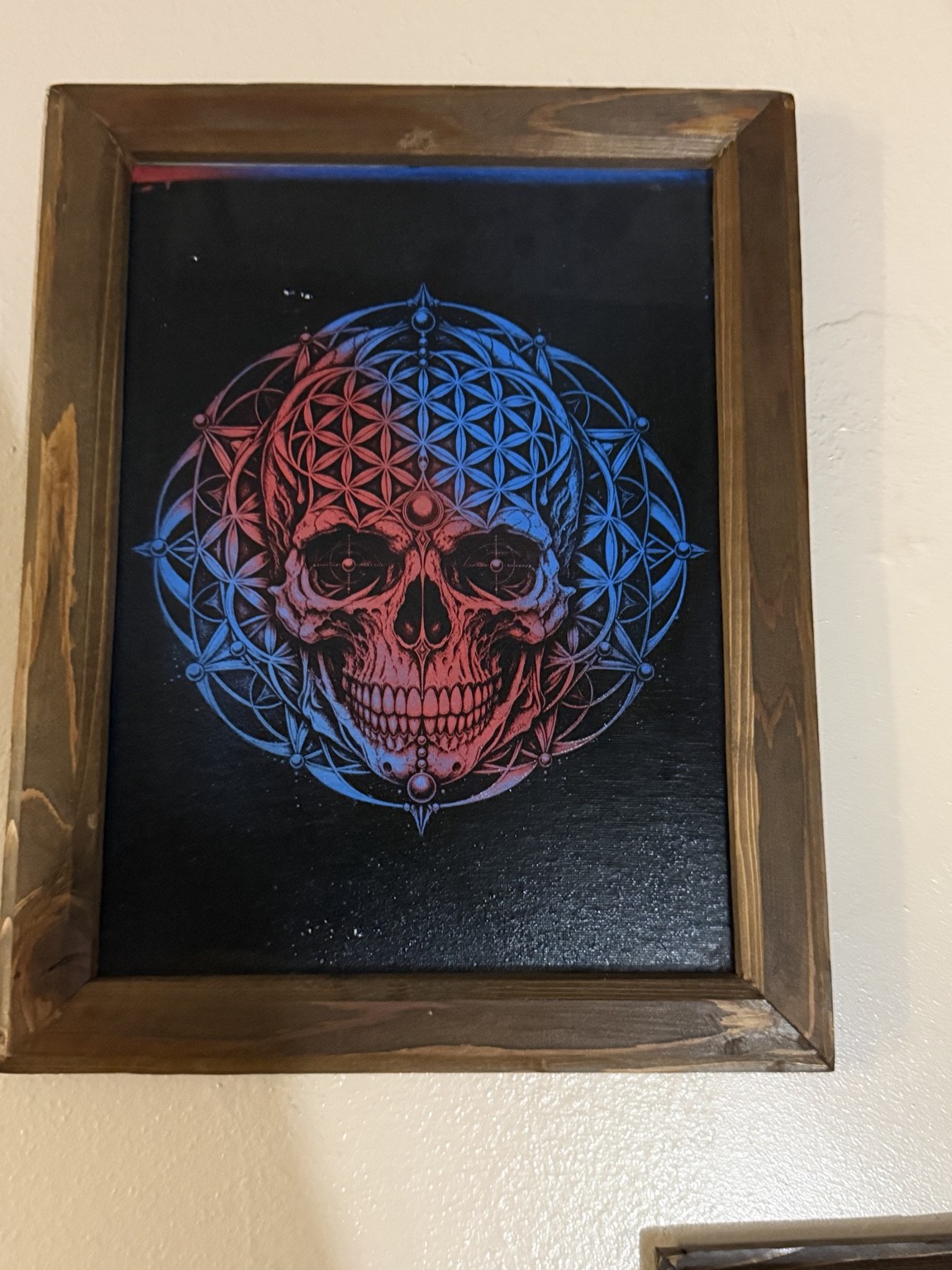 Red and blue geometric skull — Red and blue geometric skull art — original laser-engraved painting