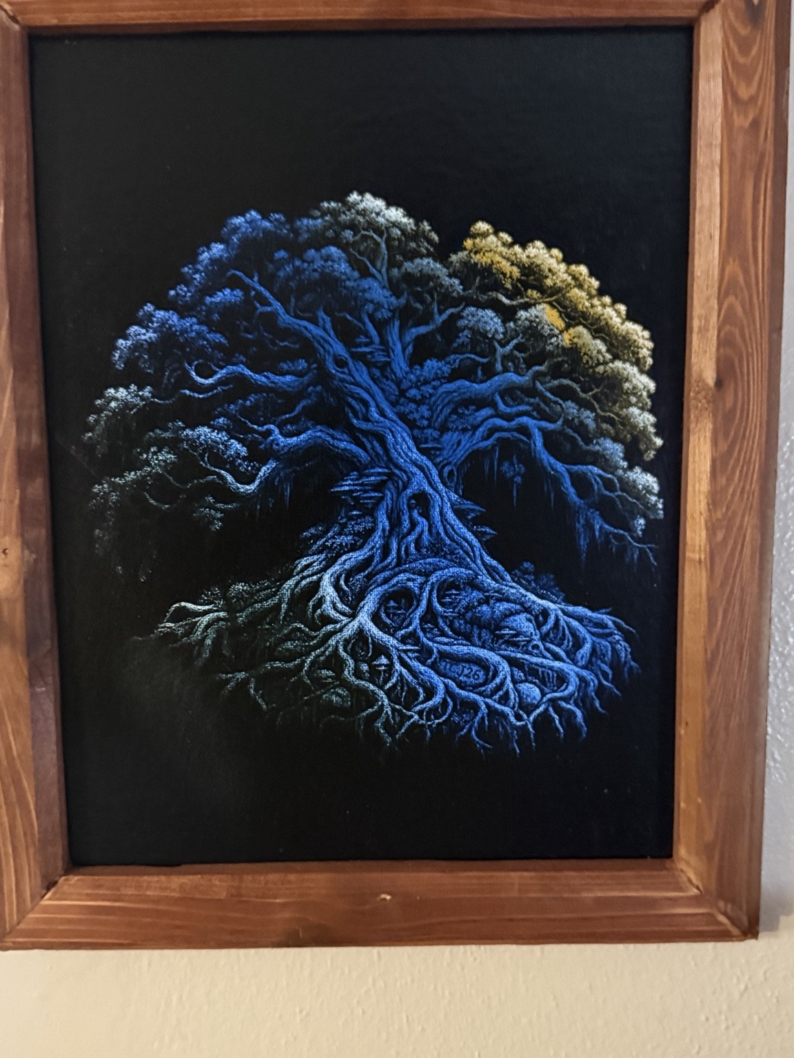Blue tree and roots — Blue tree wall art — original laser-engraved painting