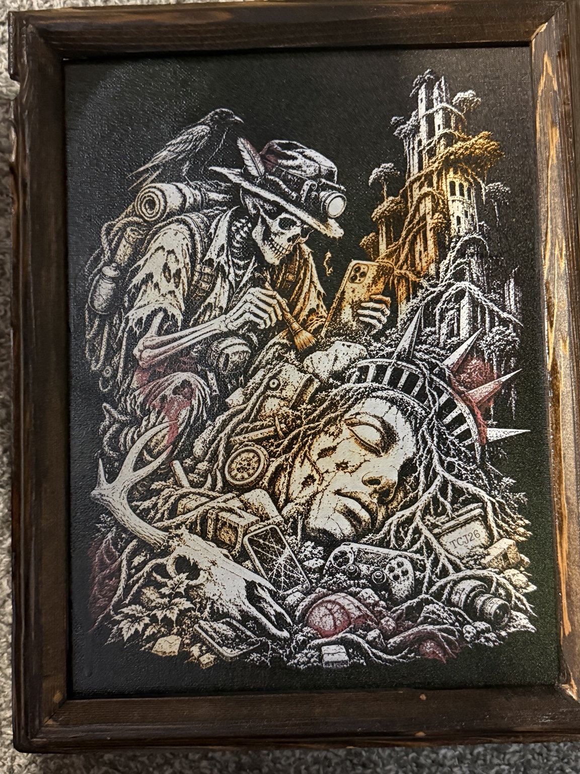 Relics of Tomorrow — Post-apocalyptic skeleton wall art — original laser-engraved painting