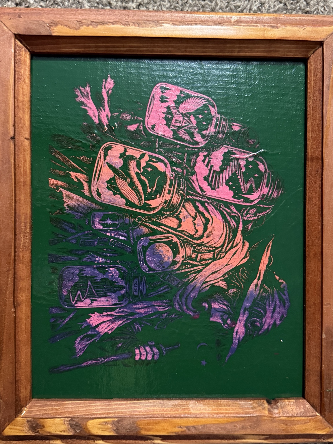 The Dream Collector — Surreal bottled worlds wall art — original laser-engraved painting