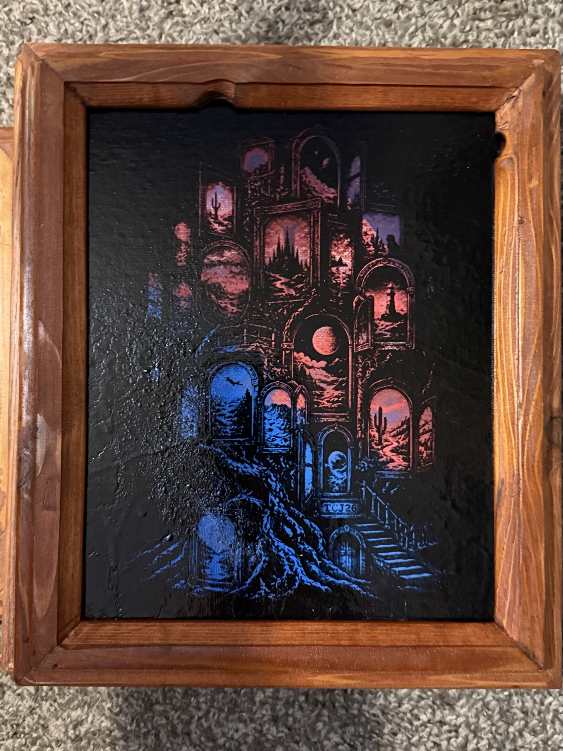 A Thousand Elsewheres — Surreal doorway wall art — original laser-engraved painting