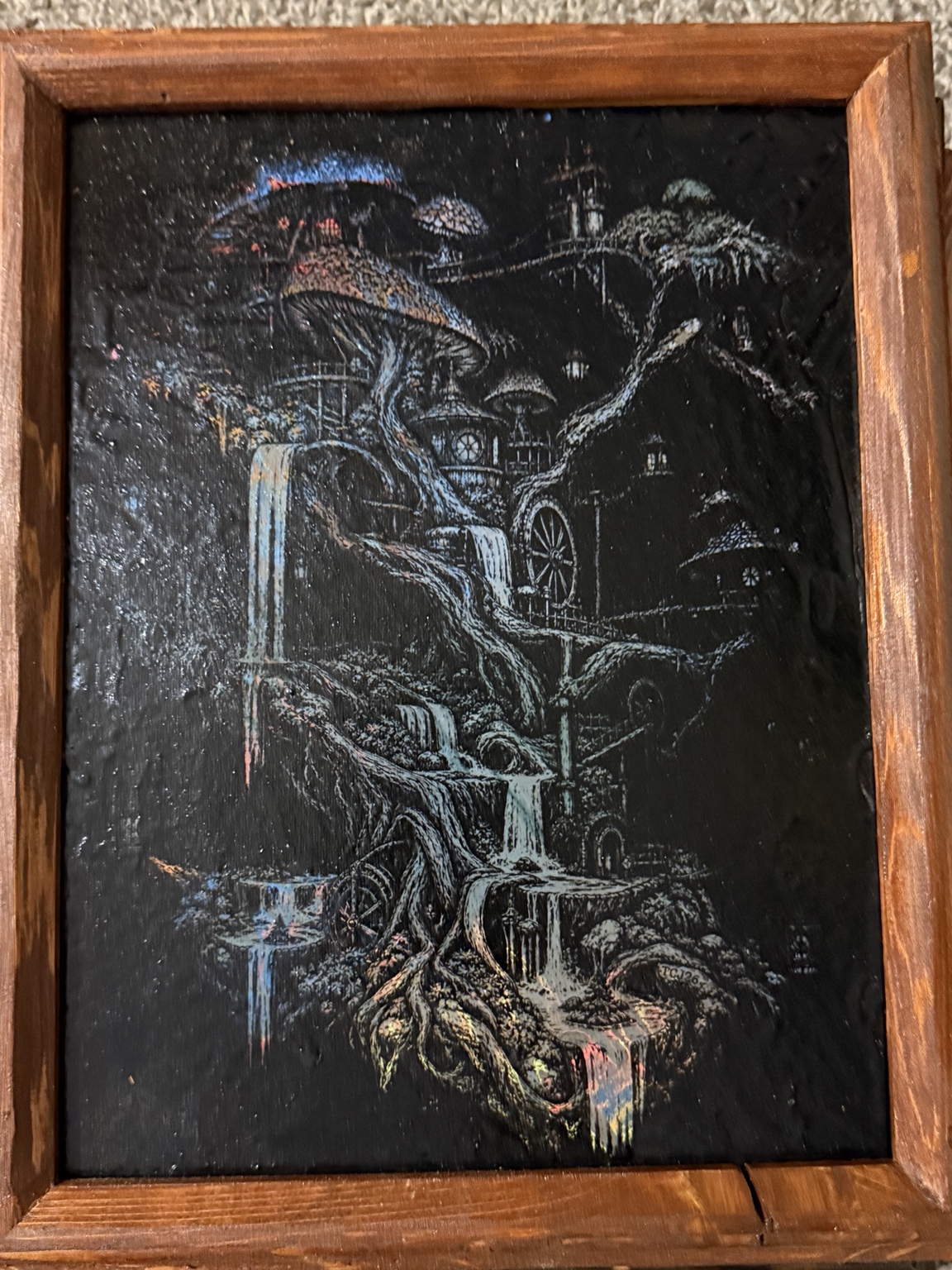 The Hidden Cascade — Fantasy mushroom village wall art — original laser-engraved painting