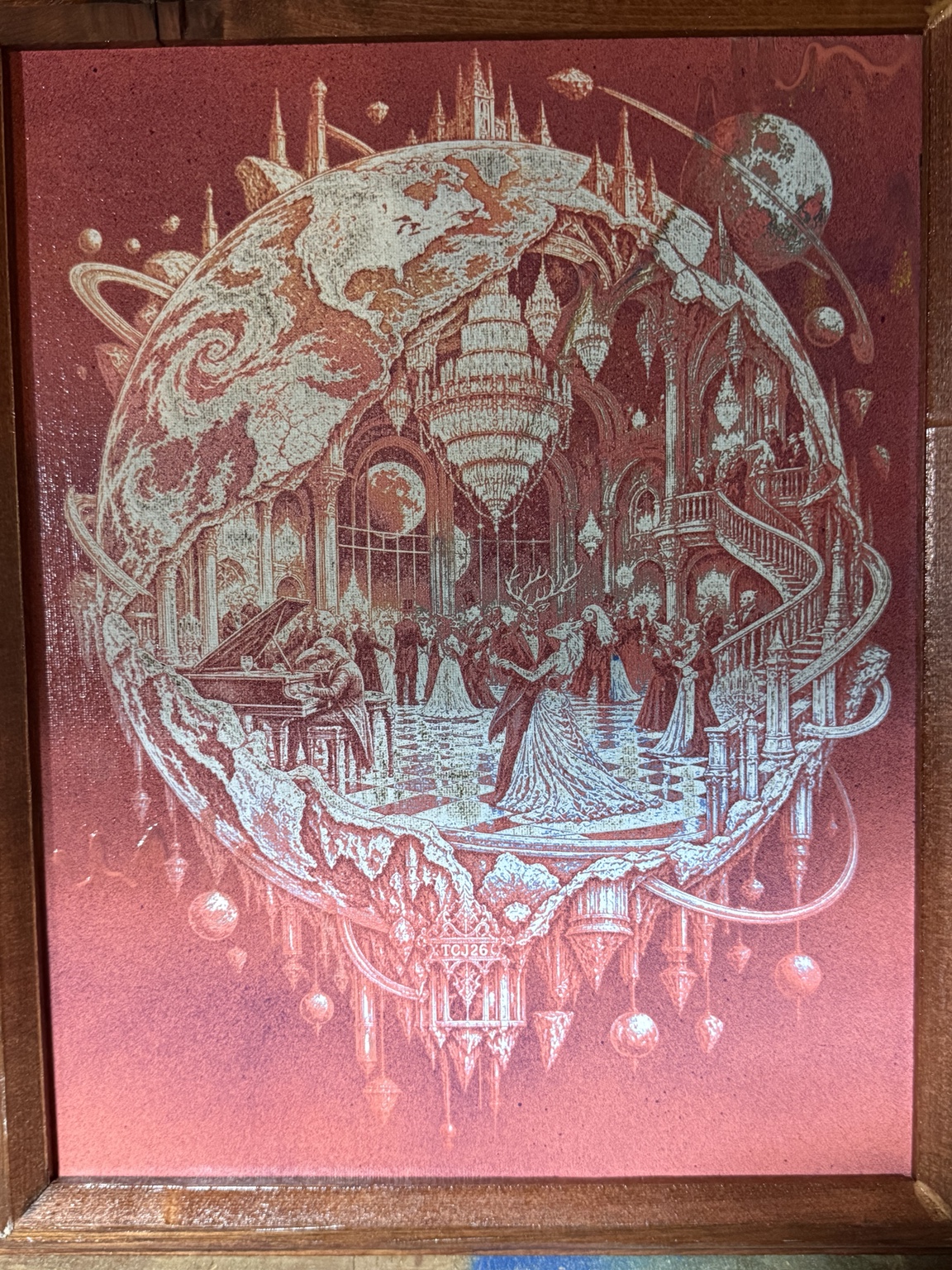 The Celestial Masquerade — Celestial ballroom fantasy wall art — original laser-engraved painting