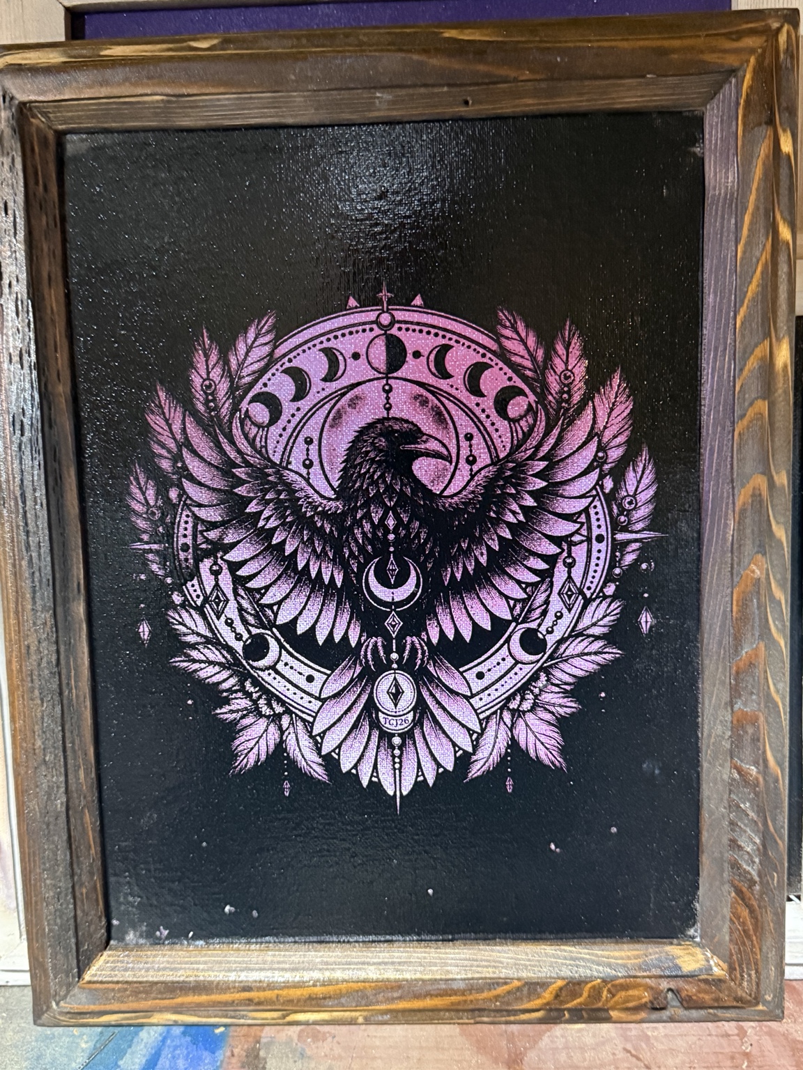 Keeper of the Moon — Raven moon phase wall art — original laser-engraved painting