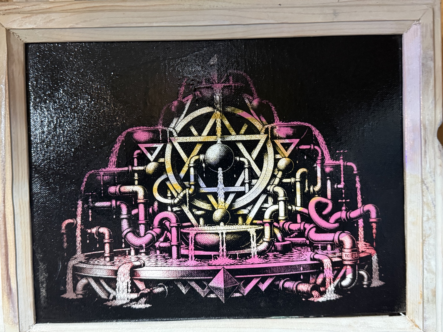 The Alchemist’s Engine — Surreal celestial machine wall art — original laser-engraved painting