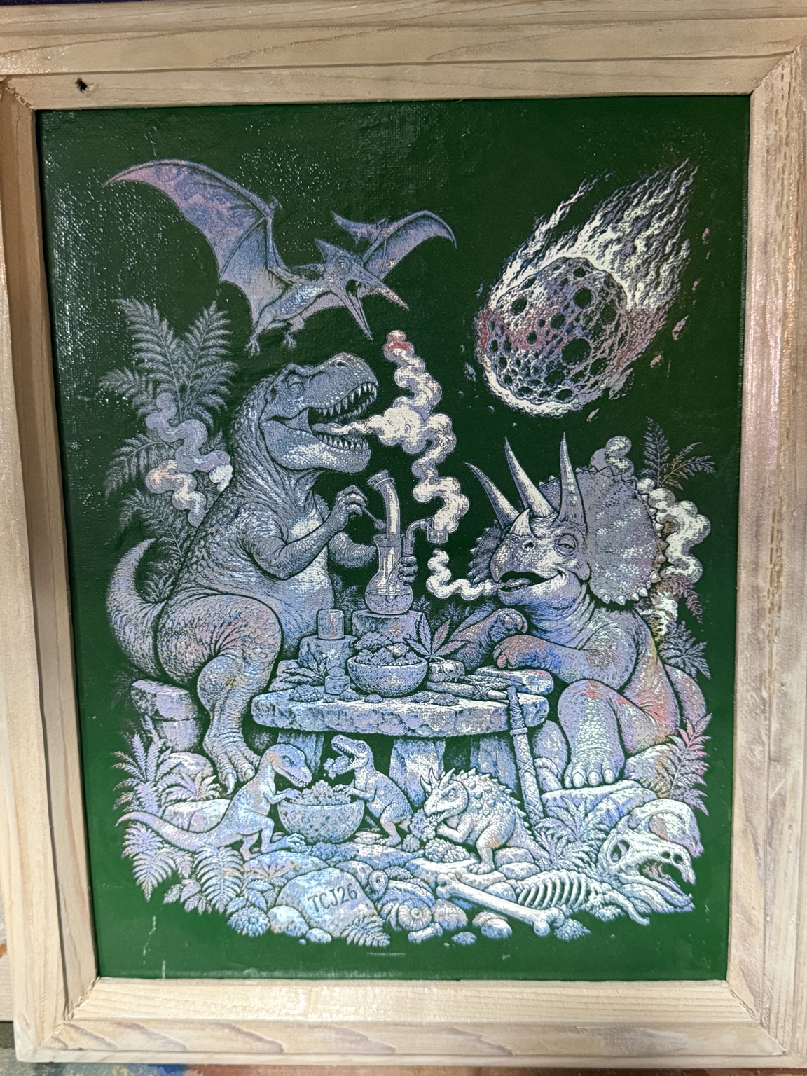 One Last Session — Prehistoric fantasy wall art — original laser-engraved painting