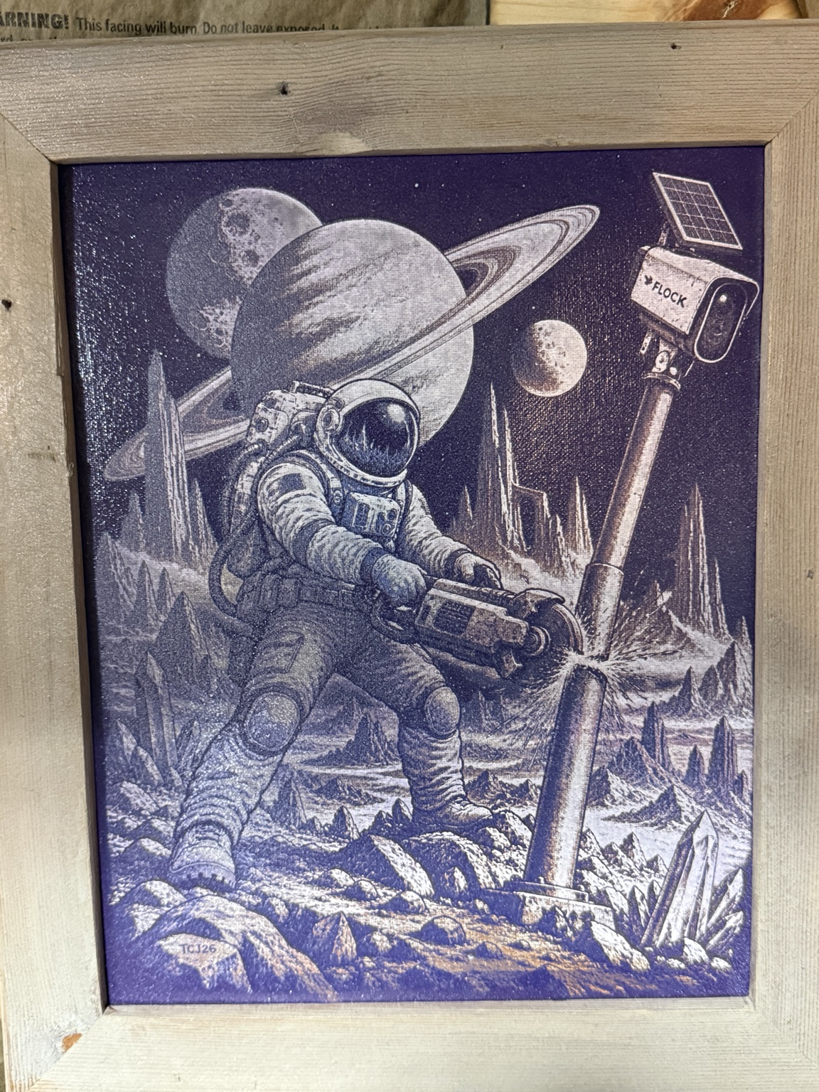No Signal Beyond Saturn — Astronaut science fiction wall art — original laser-engraved painting
