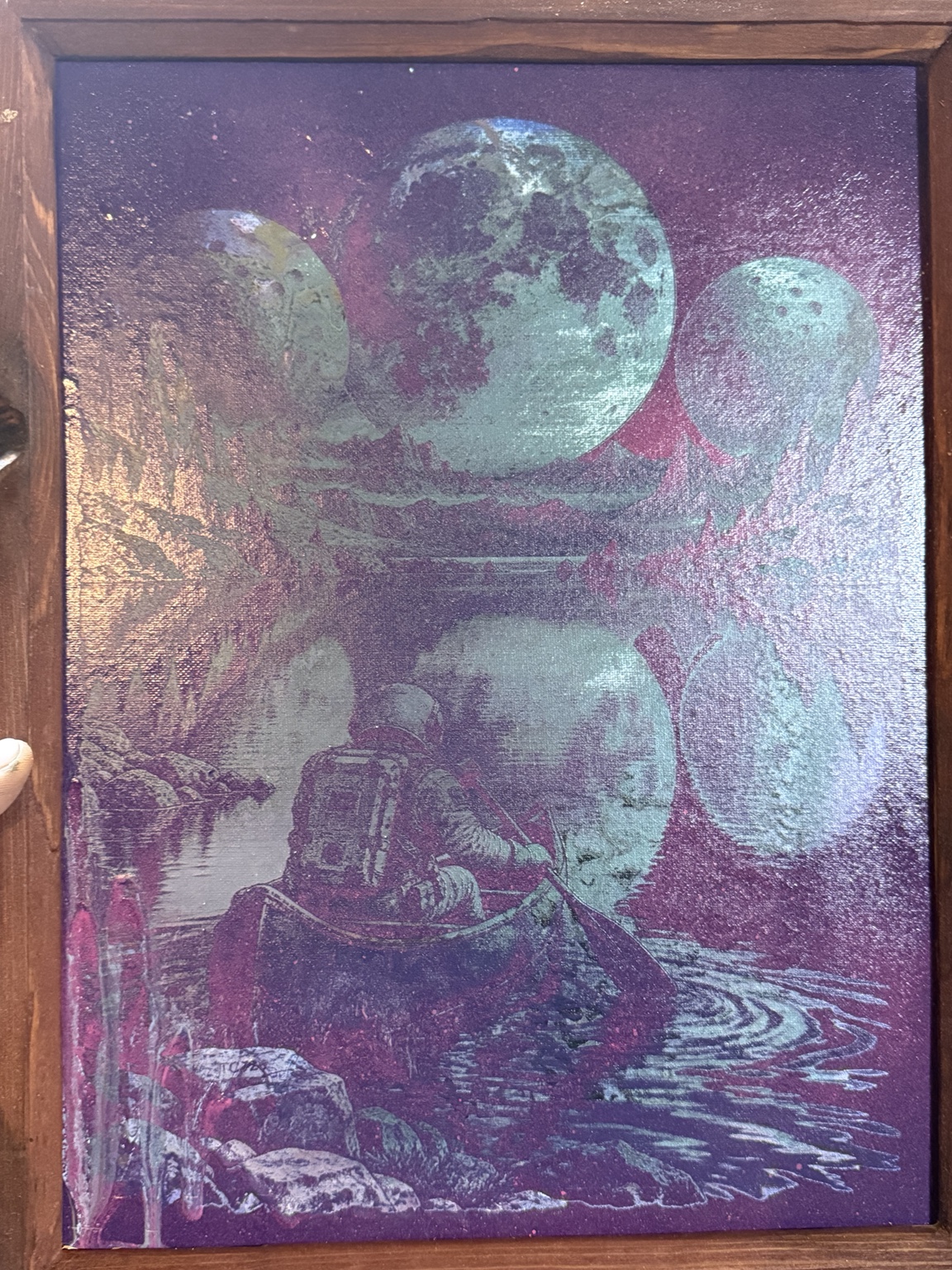 Beyond Familiar Waters — Astronaut canoe space art — original laser-engraved painting