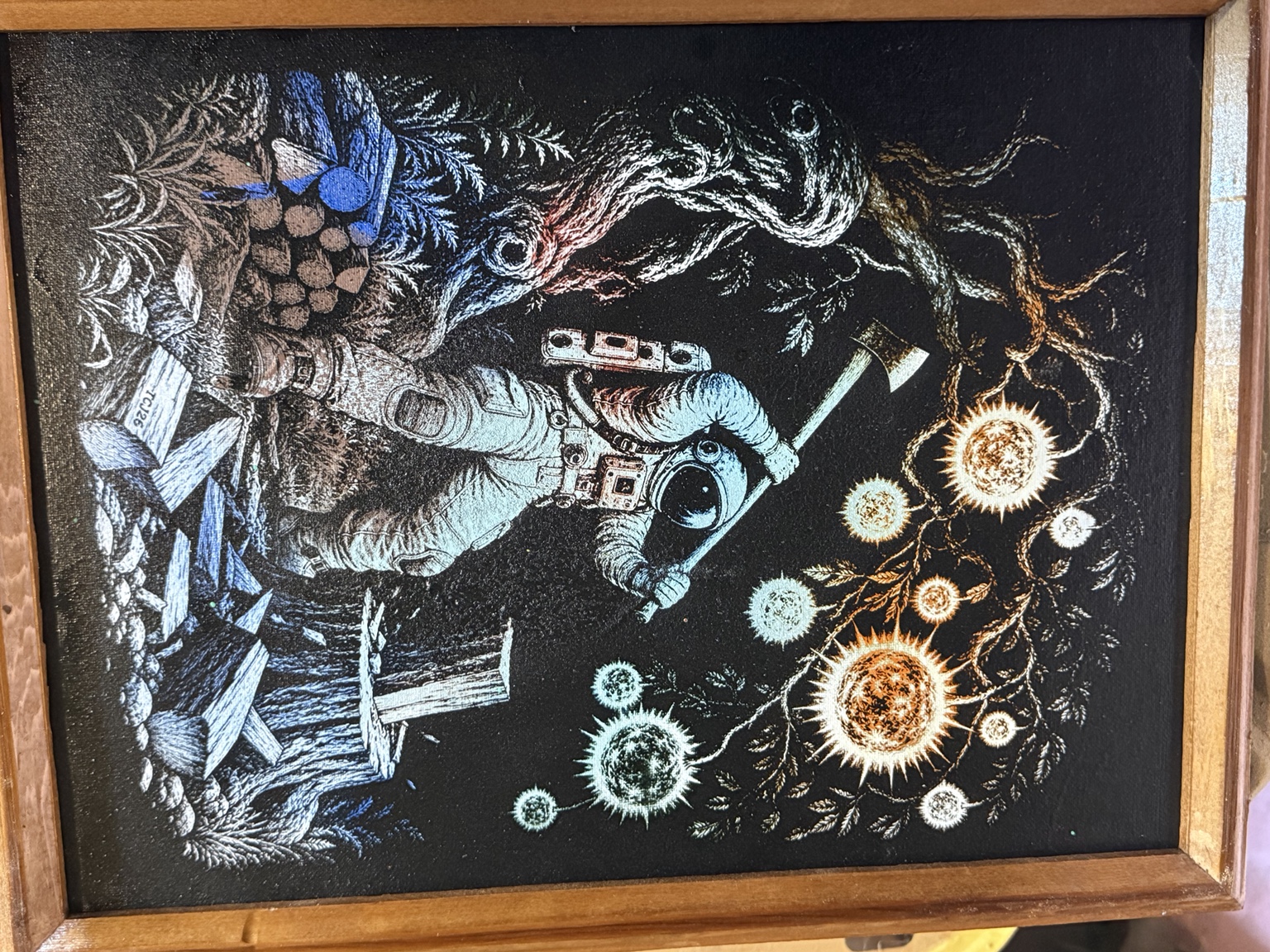 The Cosmic Woodsman — Astronaut woodsman wall art — original laser-engraved painting