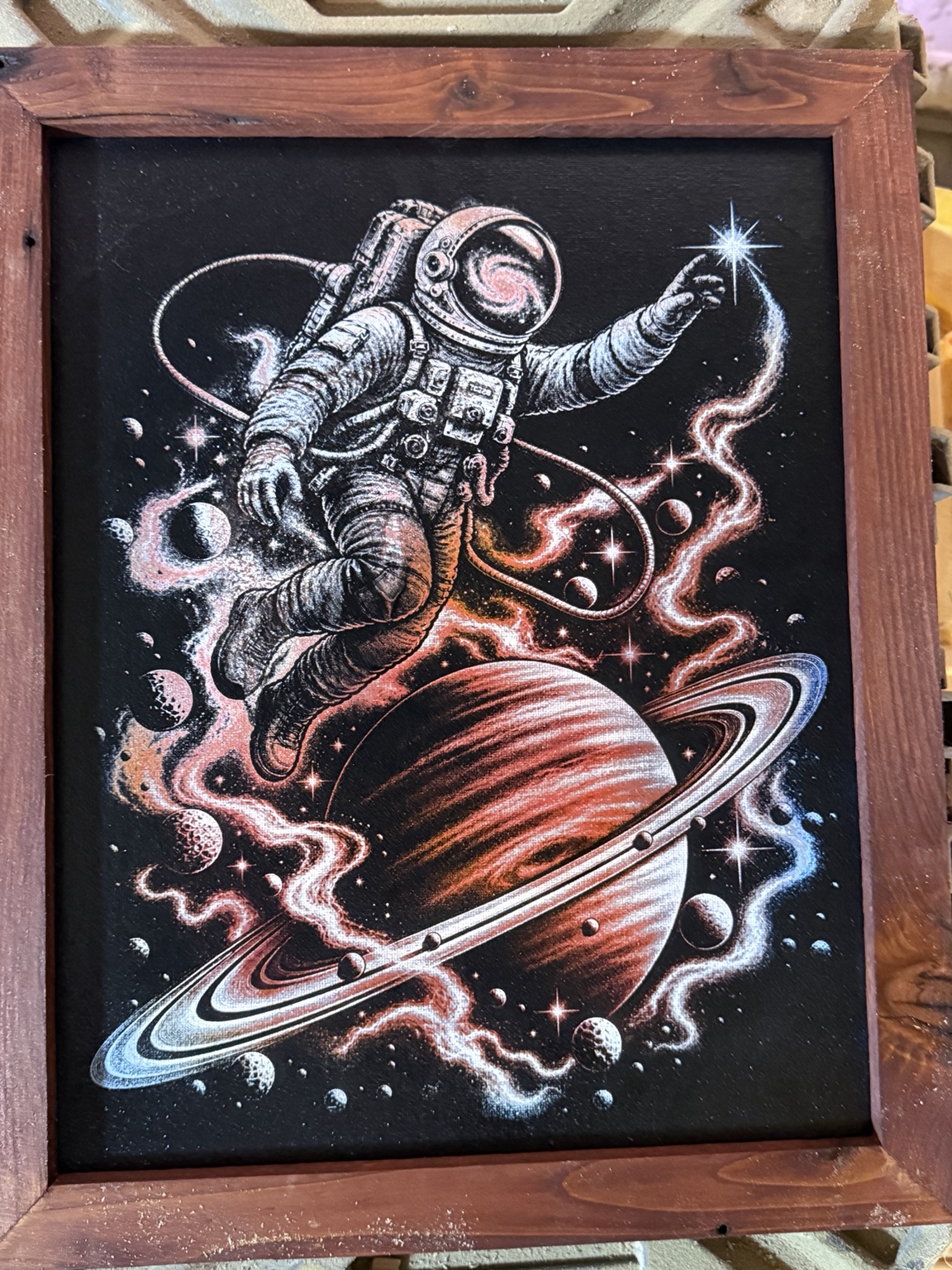 Within Reach of Infinity — Astronaut Saturn space art — original laser-engraved painting