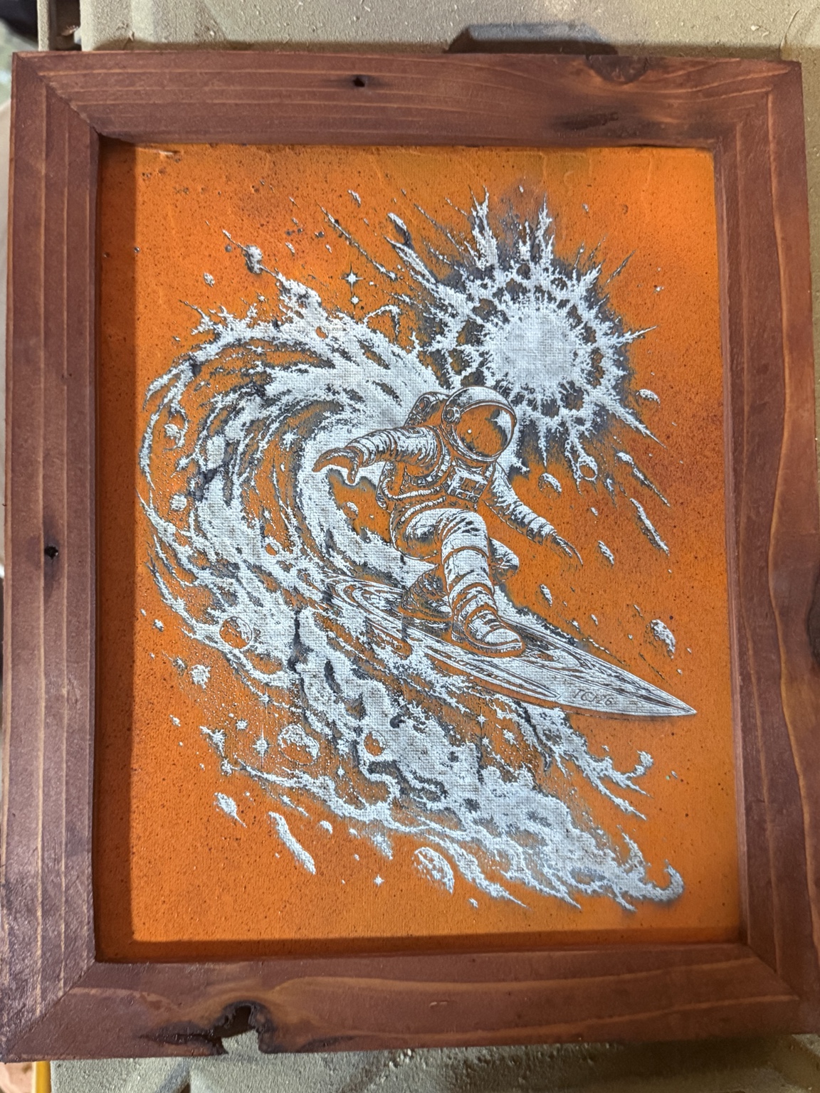 Solar Swell — Astronaut surfing space art — original laser-engraved painting