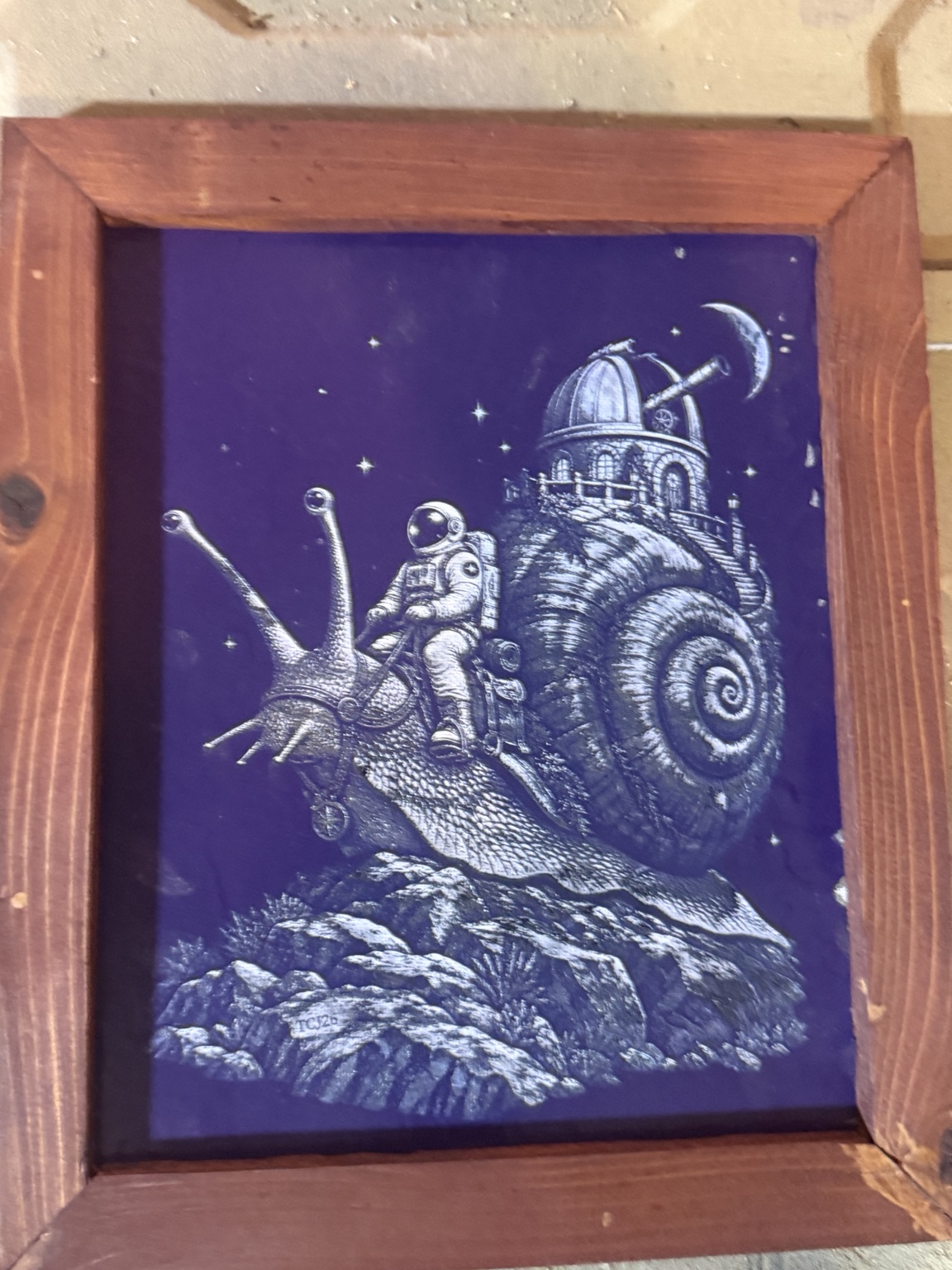 The Slow Road to the Stars — Astronaut snail space art — original laser-engraved painting