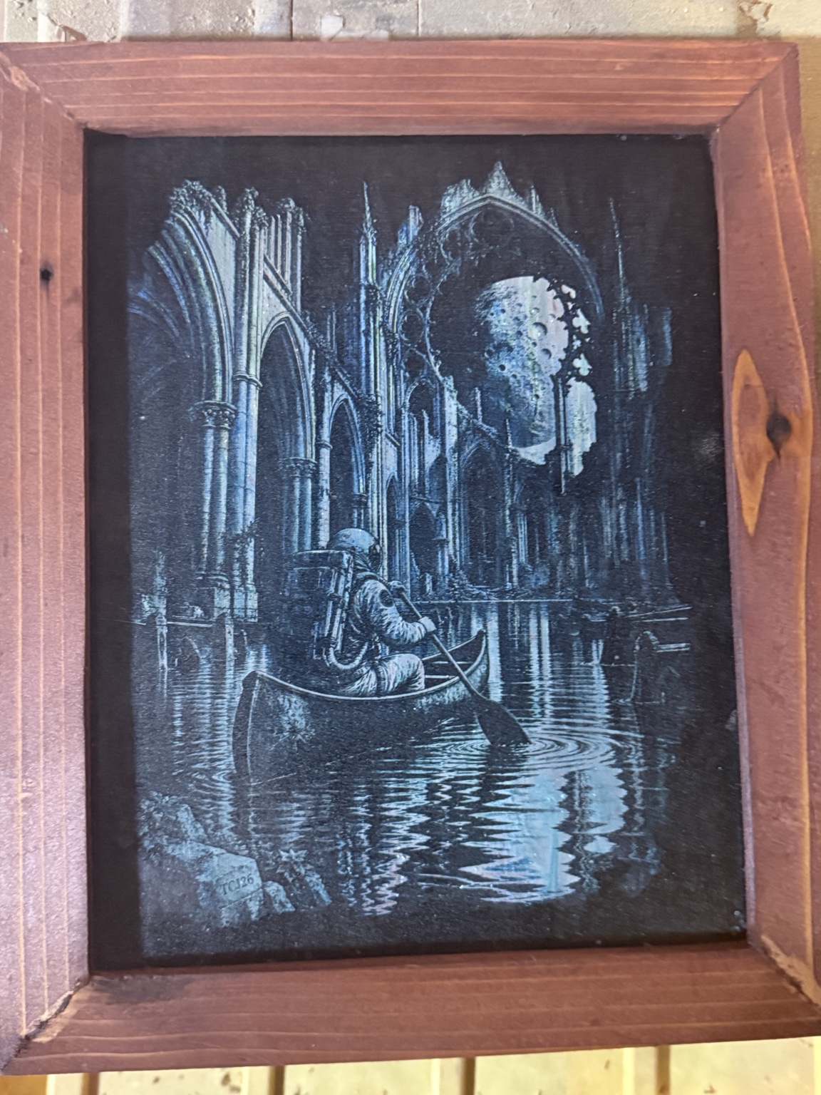 Cathedral of the Tides — Astronaut Gothic cathedral wall art — original laser-engraved painting