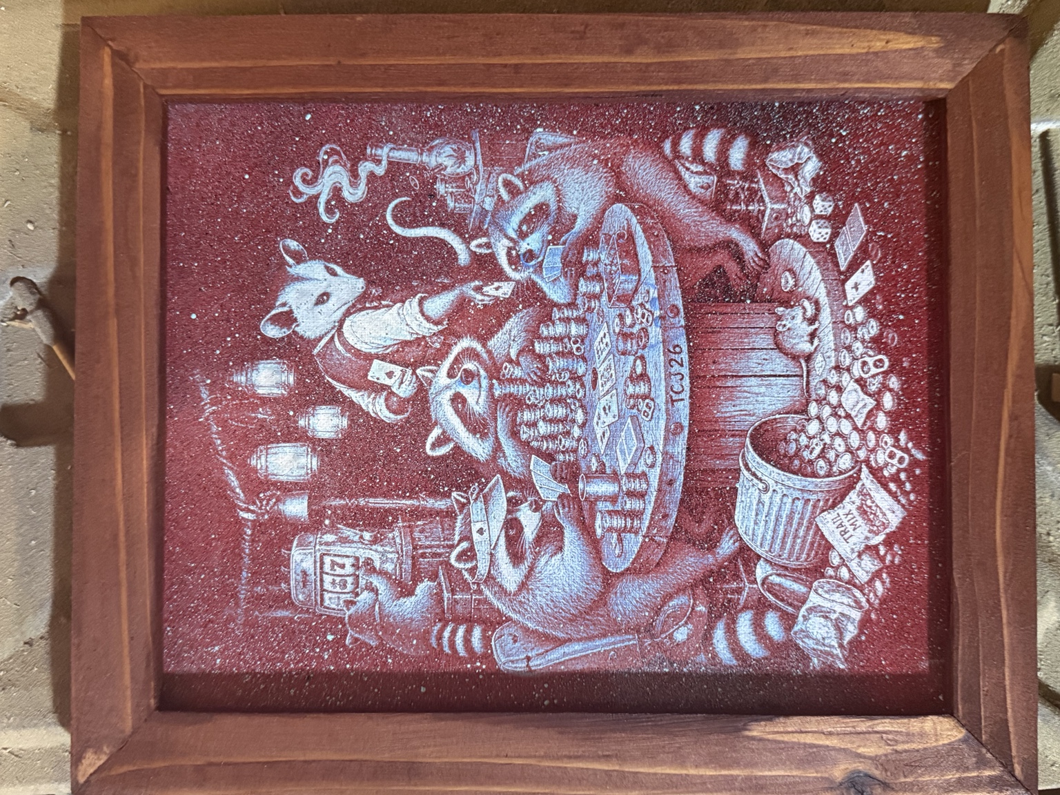 Trash Panda High Rollers — Raccoon poker wall art — original laser-engraved painting