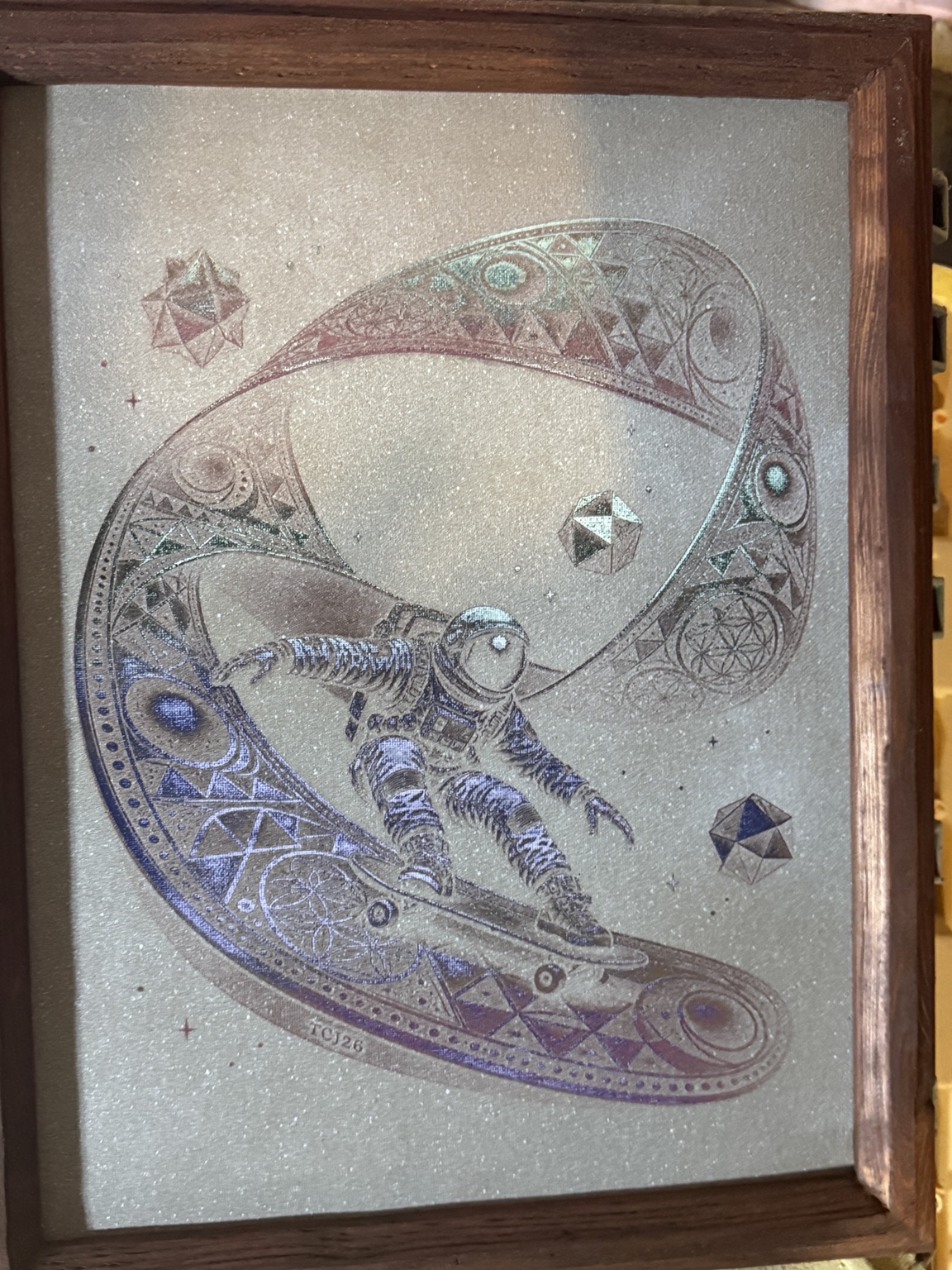 Riding Infinity — Astronaut sacred geometry wall art — original laser-engraved painting